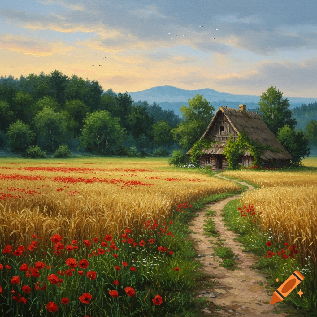 A painting of a rustic house in a field of golden wheat and red poppies under a cloudy sky.