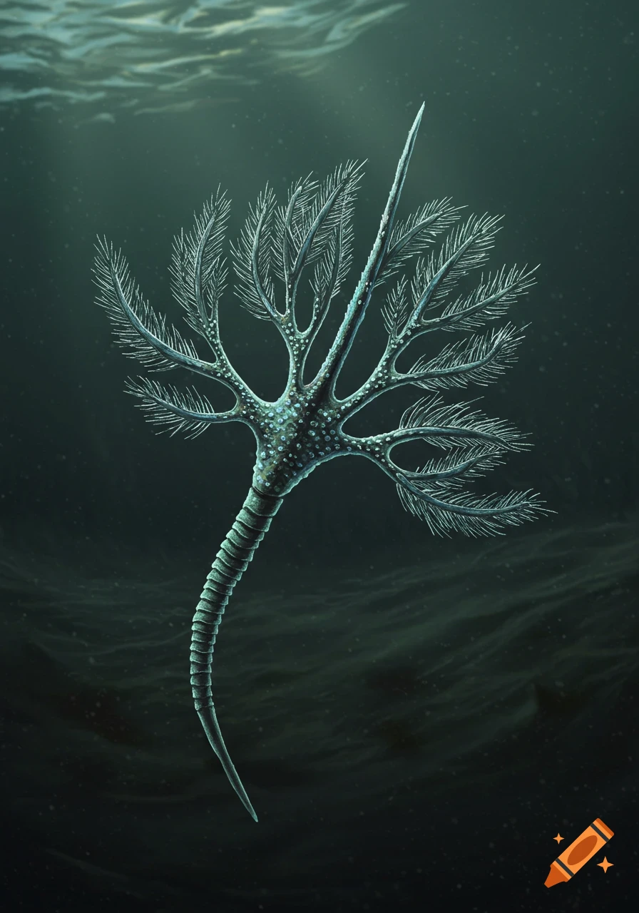 Detailed illustration of a free-floating graptolite organism in deep water.