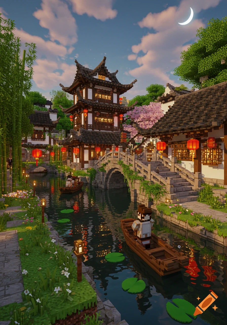 A serene traditional Chinese water town rendered in a voxel art style, with ornate buildings, boats on a canal, and a stone bridge under a crescent moon.