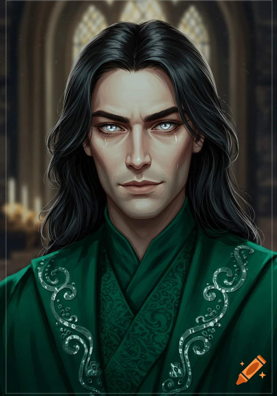 A semi-realistic portrait of a young man with long black hair, bright blue eyes, and pale skin, wearing an ornate emerald green robe, against a dark, gothic background.