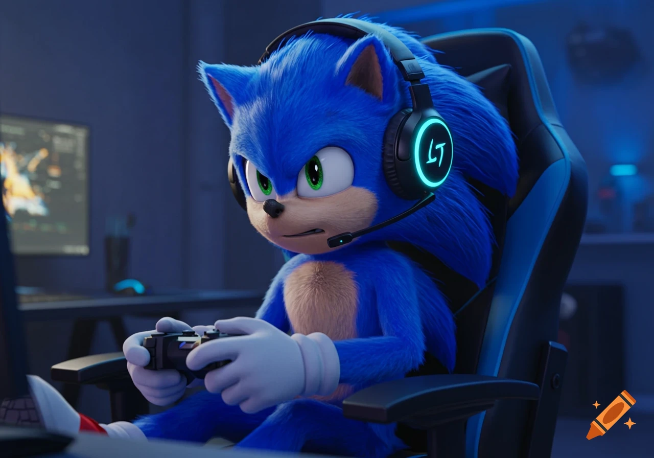 Movie Sonic the Hedgehog wearing gaming headphones while playing video games in a gaming chair in a dimly lit room.