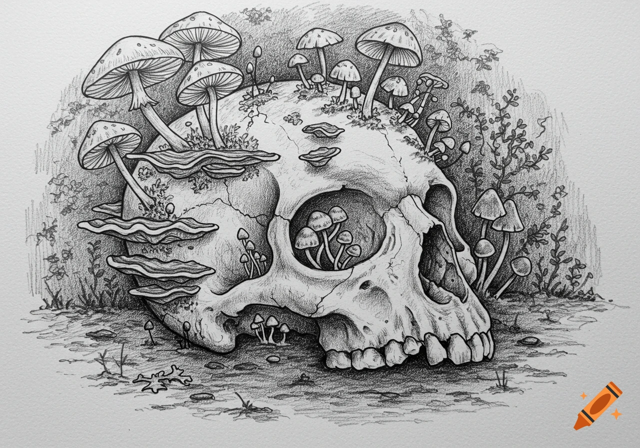Black and white sketch of a human skull overgrown with various mushrooms and plants.