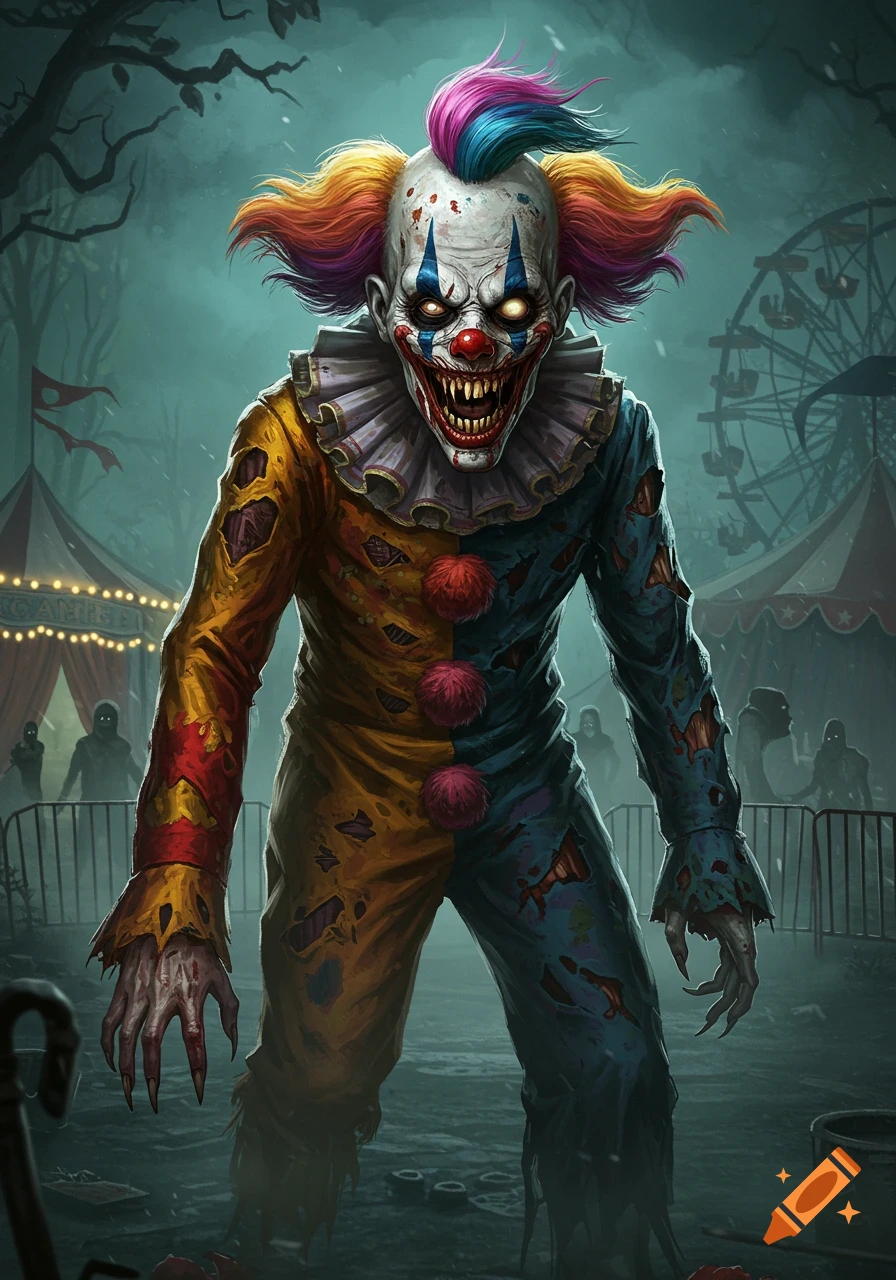 A creepy zombie clown with jagged teeth and glowing eyes stands menacingly in a dark, abandoned carnival at night.