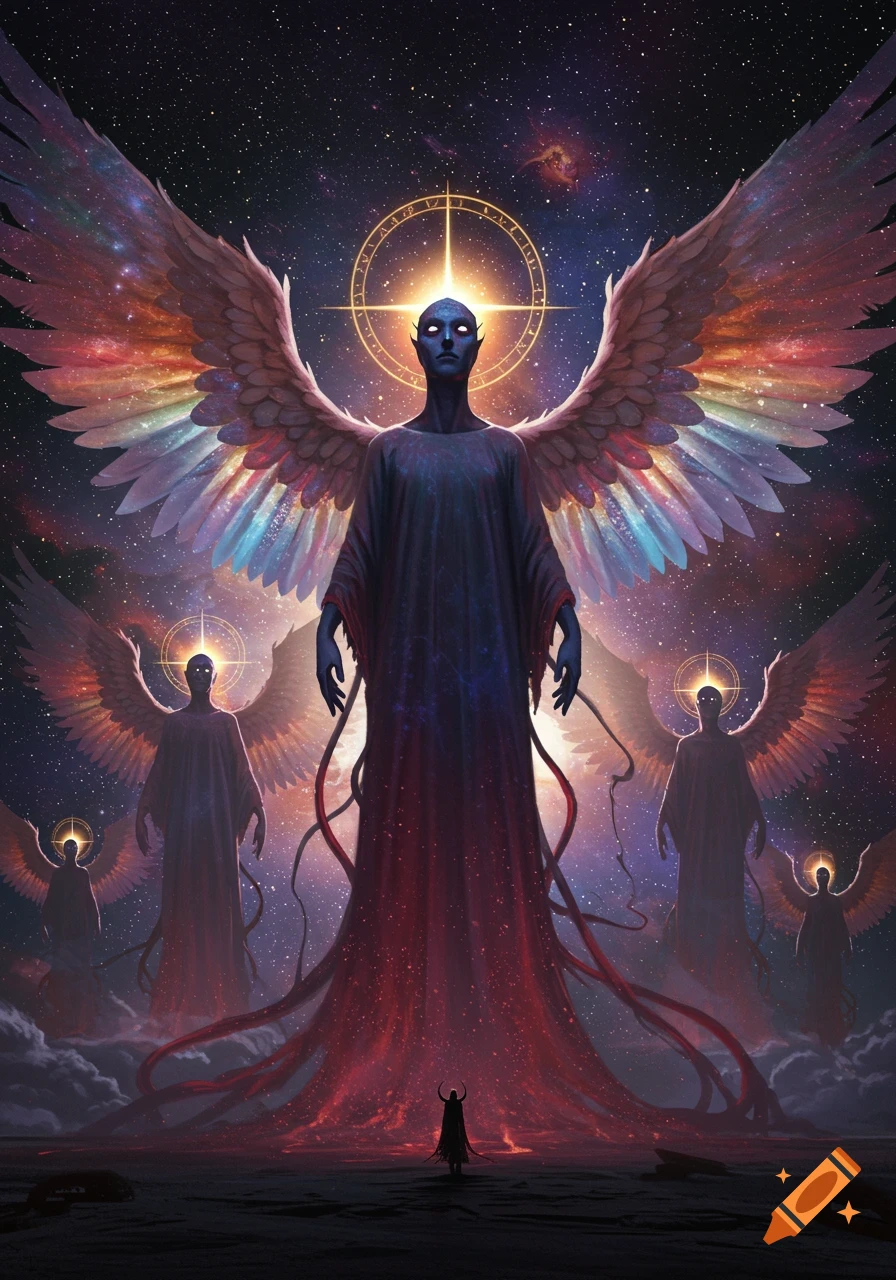 Colossal eldritch angels with glowing eyes and rainbow wings stand in space with stars and galaxies, facing a small silhouetted figure.