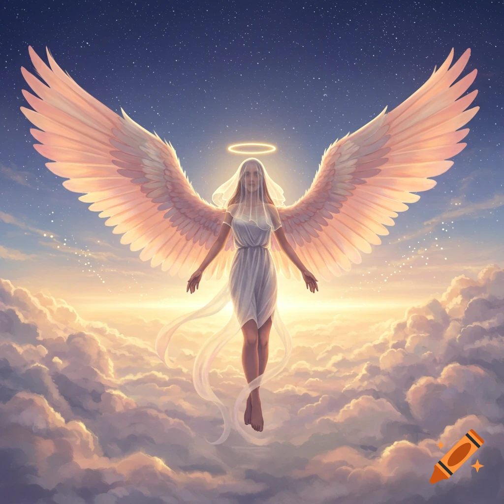 A serene angel with large, glowing wings and a halo floats above clouds against a starry sky at sunrise.