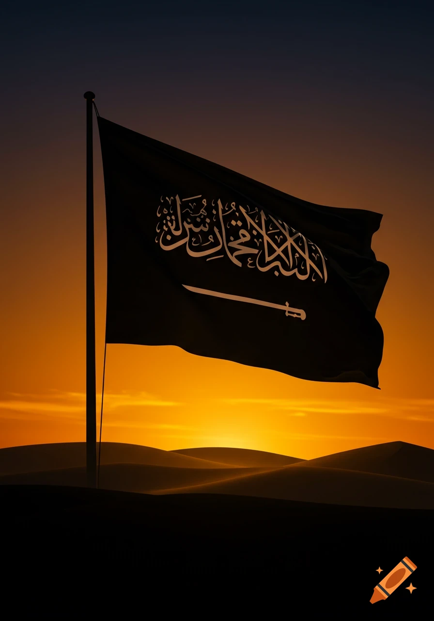 A black flag with white Arabic script and a sword flies over a desert at sunset.