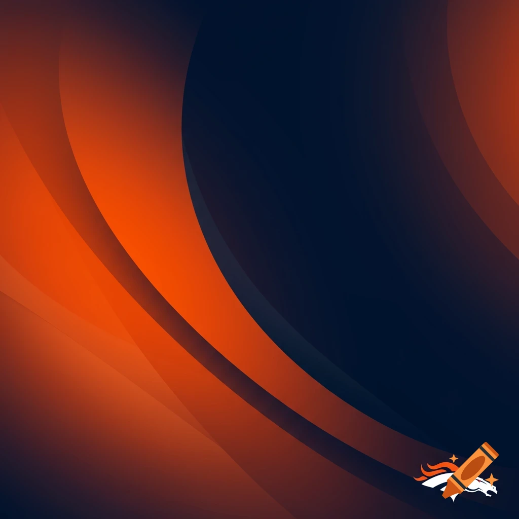 An abstract background featuring wavy and curved shapes in dark blue and orange, with a small Denver Broncos logo in the bottom right.
