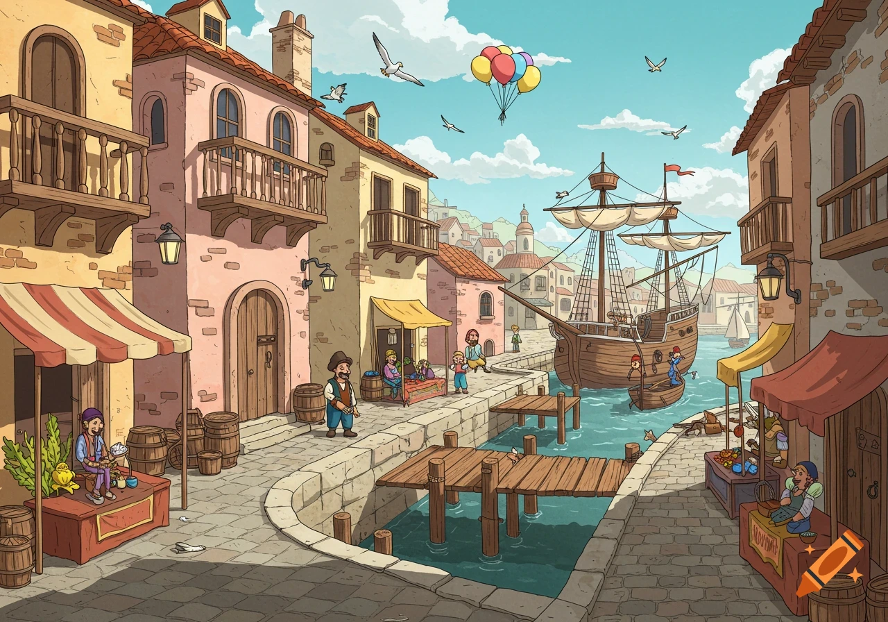 A vibrant cartoon illustration of a bustling old Spanish port town with a large ship, market stalls, people, and buildings by the water.