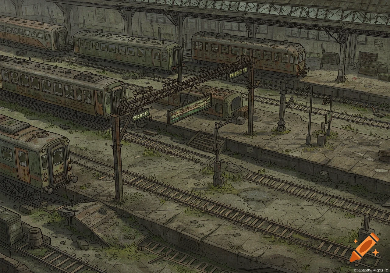 An overhead view of an abandoned, dilapidated train station with old, rusty trains on tracks and overgrown platforms, in an illustrative style.