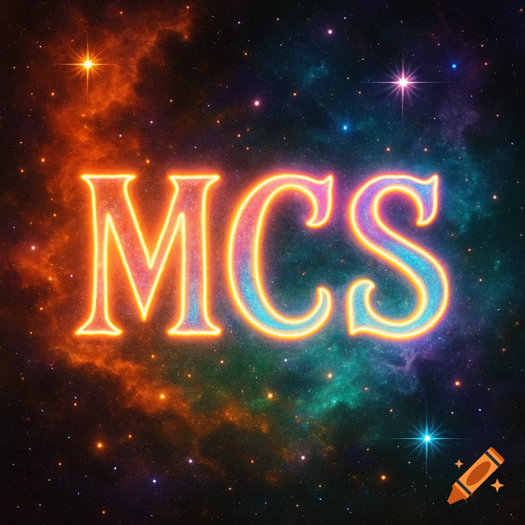 The letters MCS glow with a colorful gradient against a starry galaxy background with orange, green, and purple nebulae.