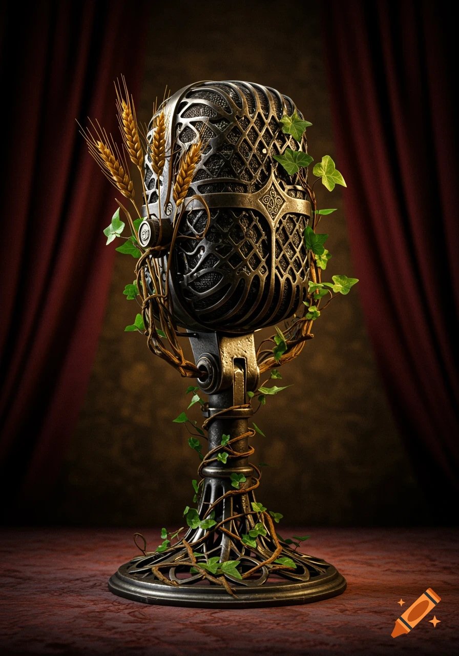 An ornate, old-fashioned gothic microphone entwined with wheat stalks and ivy, set against a dark red curtain.