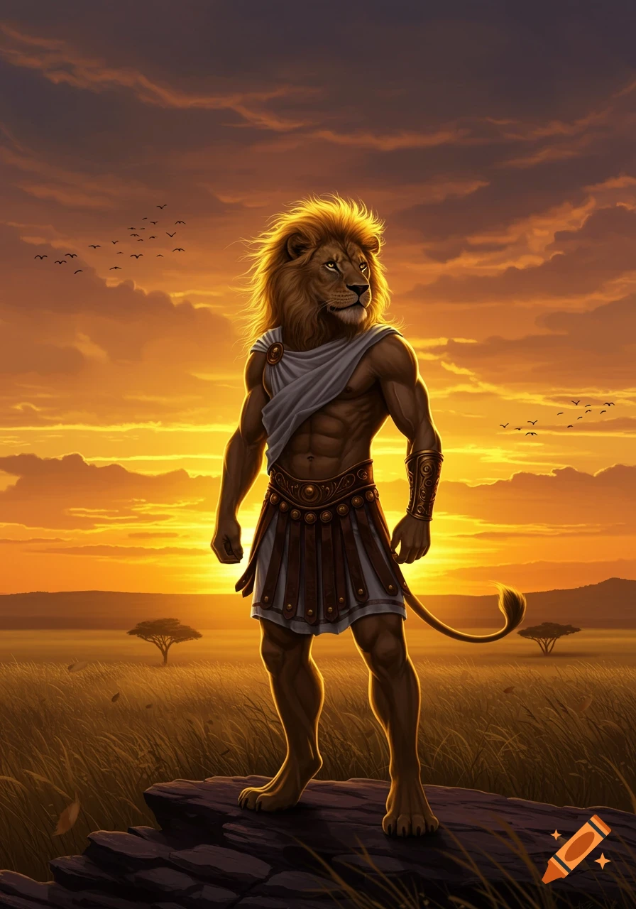 Muscular lion-headed man in toga and skirt standing on rocks in a savanna at sunset.