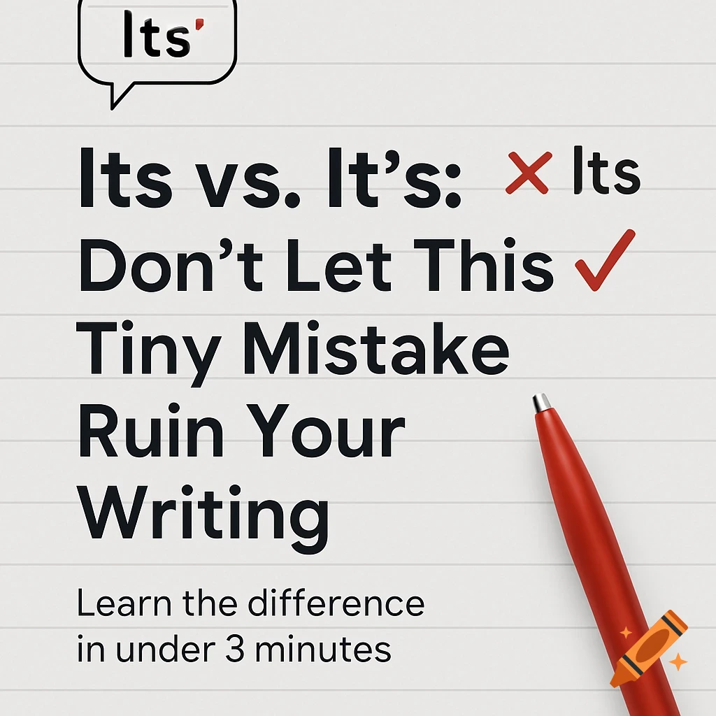 A graphic on lined paper with a red pen, titled "Its vs. It's" and text about avoiding writing mistakes.
