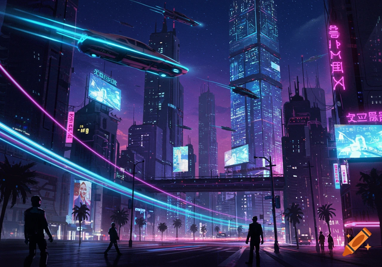 A vibrant cyberpunk city at night with towering skyscrapers, neon lights, flying cars, and people on the street.
