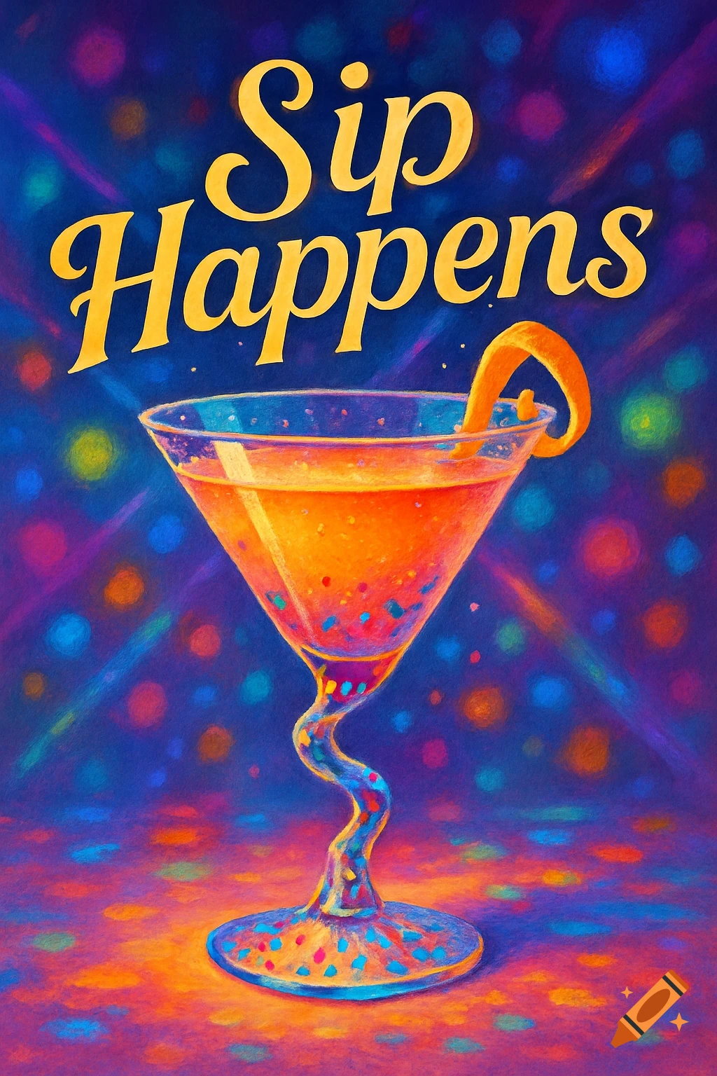 Whimsical, colorful painting of a martini glass with a curvy stem and an orange peel garnish, text 'Sip Happens', against a bokeh party light background.
