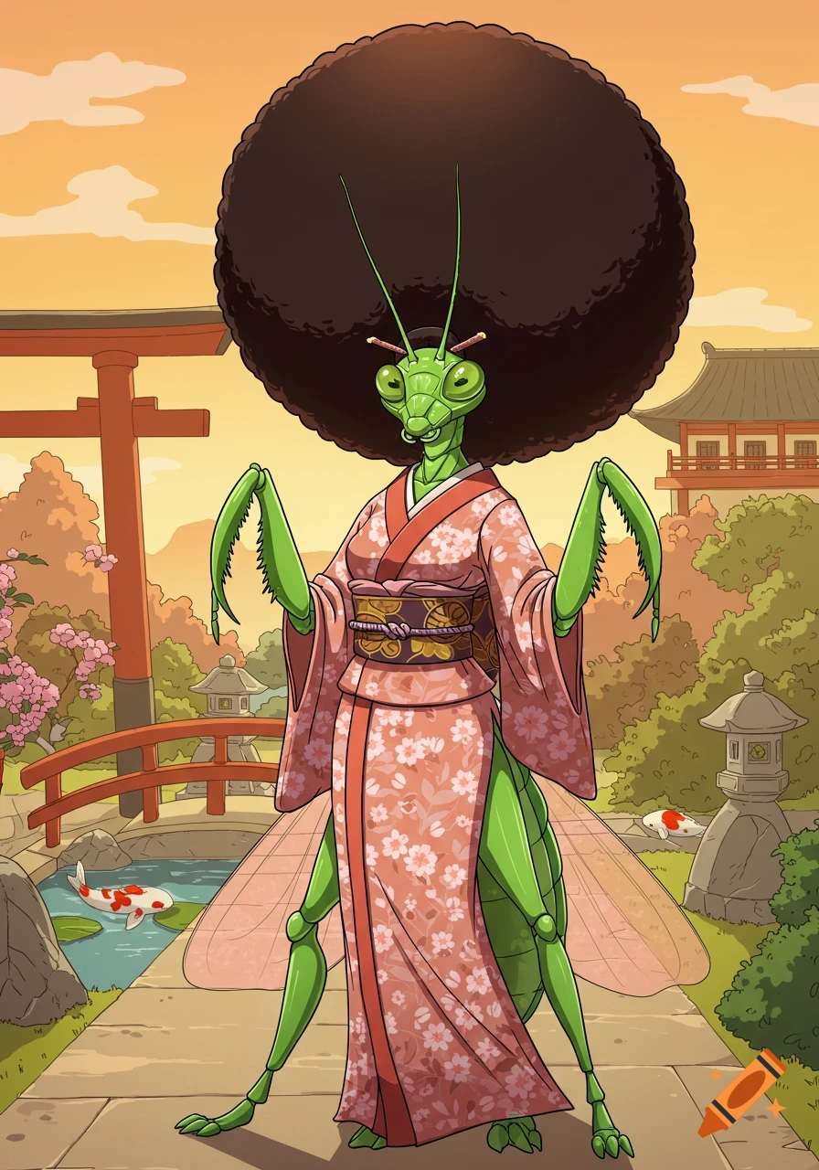 A green anthropomorphic mantis with an afro wears a pink kimono in a Japanese garden with a torii gate and koi pond. 2D art.
