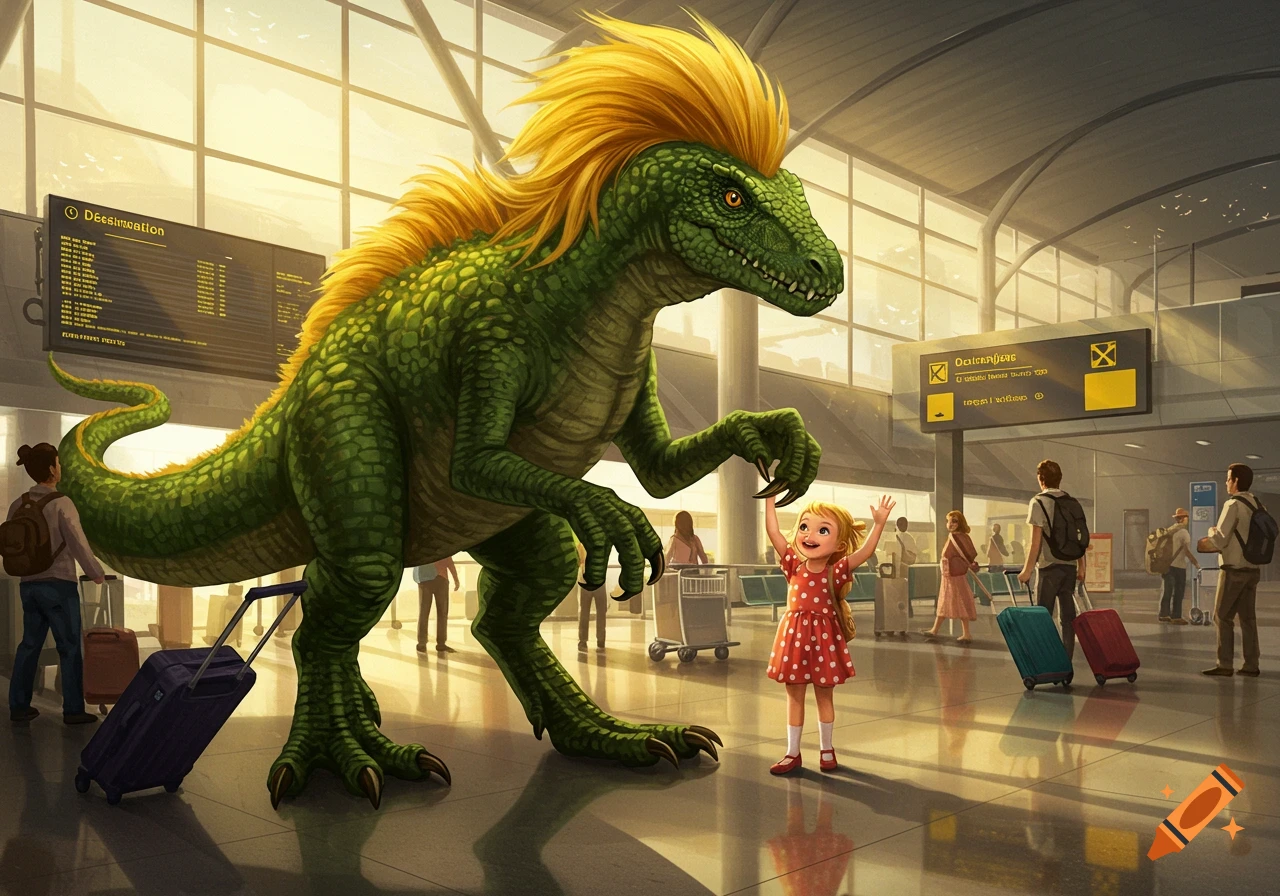 A large green dinosaur with golden spiky hair meets a smiling little girl in a red polka-dot dress at a bustling airport.