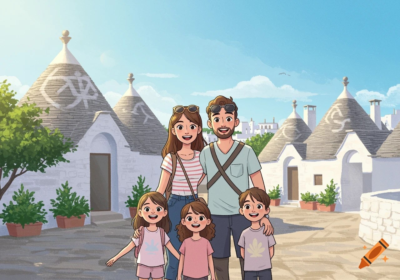 A cartoon illustration of a happy family of five smiling in front of white stone trulli houses with cone-shaped roofs in Alberobello, Italy.