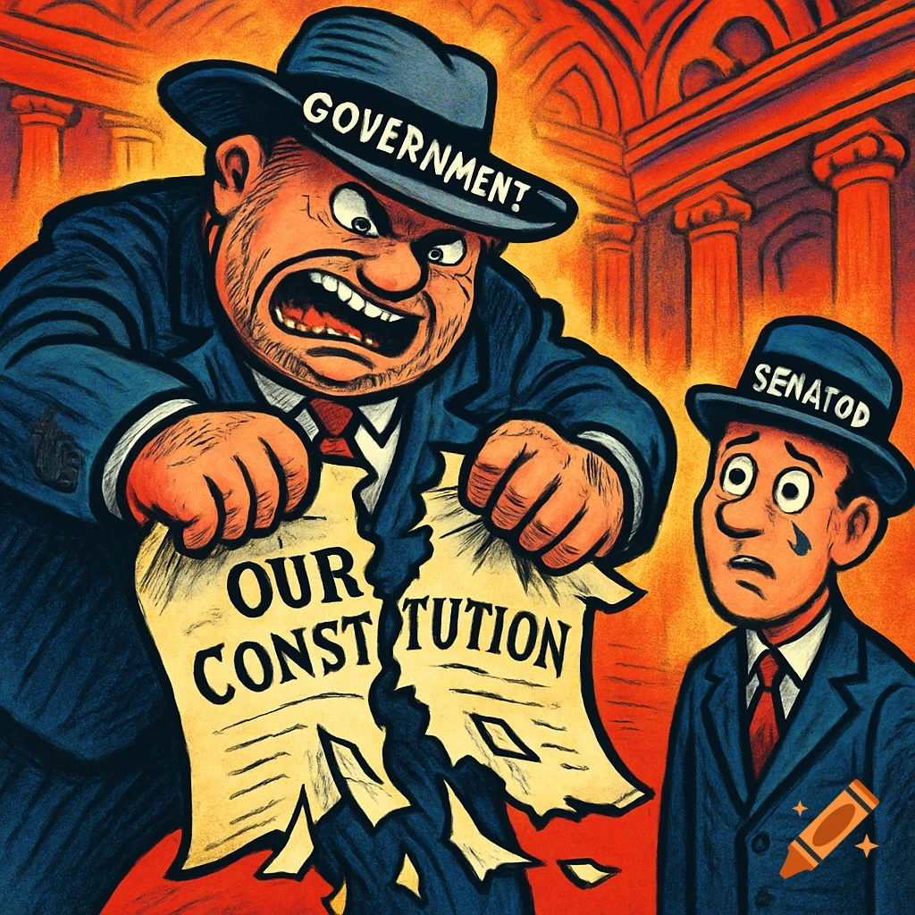 A cartoon shows a large angry man labeled 'Government' tearing 'Our Constitution' paper, while a smaller man labeled 'Senatod' watches in shock.