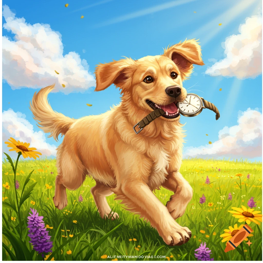 A vibrant illustration of a happy golden retriever puppy running through a sunny field with flowers, holding a watch in its mouth.