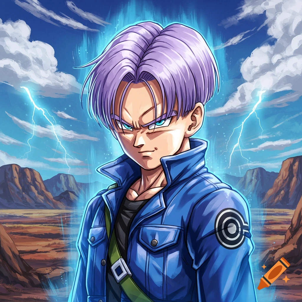 An anime-style image of Trunks from Dragon Ball Z, with purple hair and a blue jacket, standing confidently with an aura and lightning in a barren landscape.