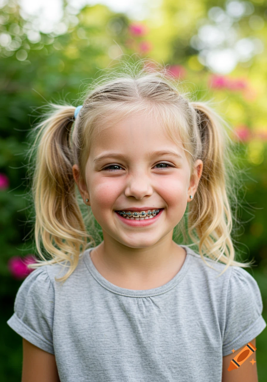 A smiling blonde girl with pigtails and braces looks directly at the camera in an outdoor setting.