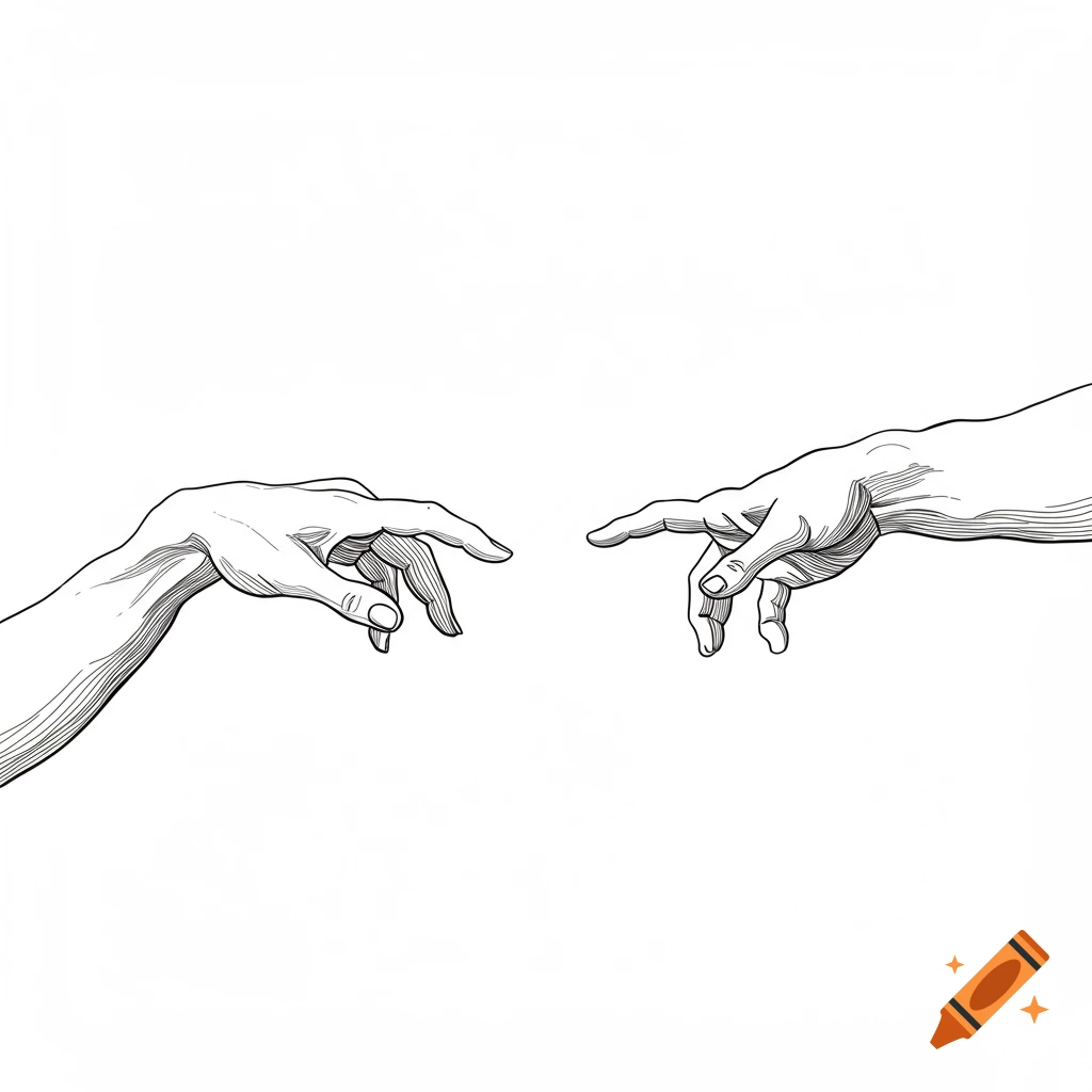 Line art drawing of two hands reaching towards each other on a white background, in the style of the Sistine Chapel.