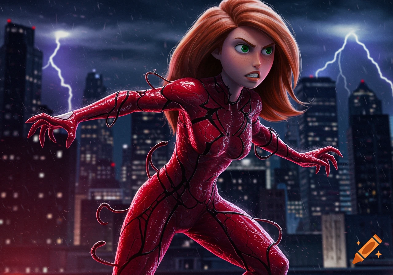 Kim Possible in a red Carnage symbiote suit stands in a menacing pose against a stormy city skyline with lightning.