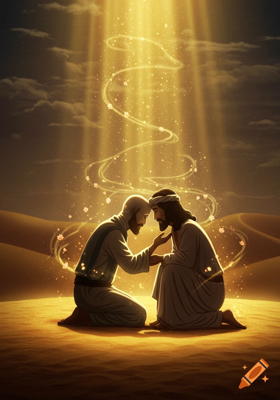 Two bearded figures in robes kneel in a desert with golden light rays and shimmering particles falling from the sky in a spiritual, storybook style.