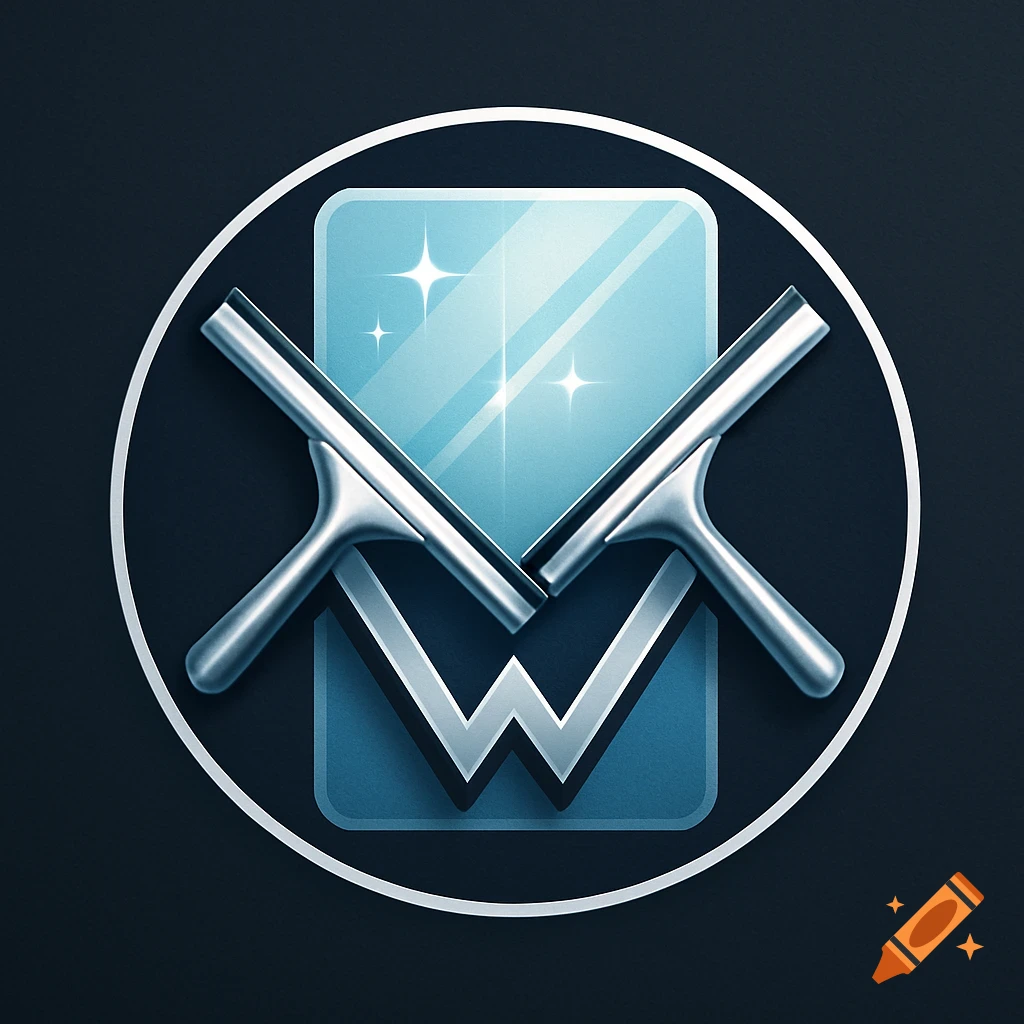 A blue and silver logo for window washing, featuring two squeegees crossing over a stylized 'W' in front of a sparkling window.