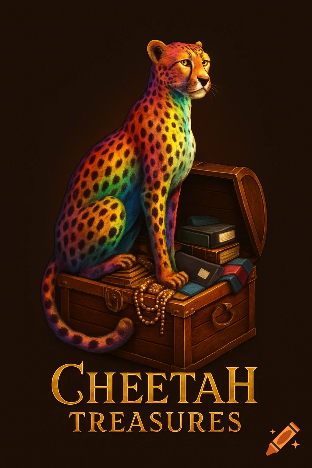 A colorful, stylized cheetah sits on a treasure chest filled with jewels and books. 'CHEETAH TREASURES' text is below.