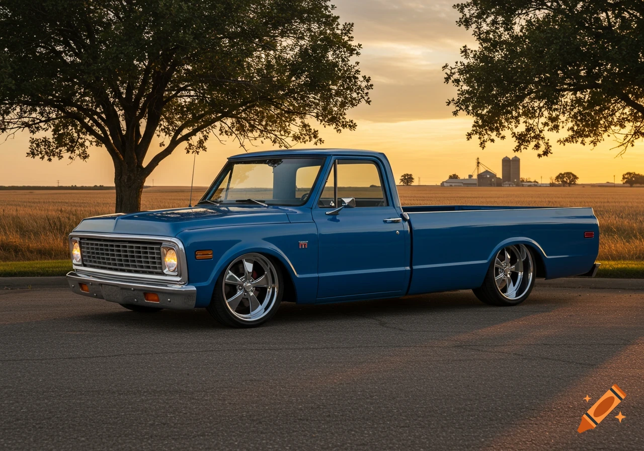 A blue 1972 C-10 pickup truck parked on asphalt at sunset with a field and farm buildings in the background.