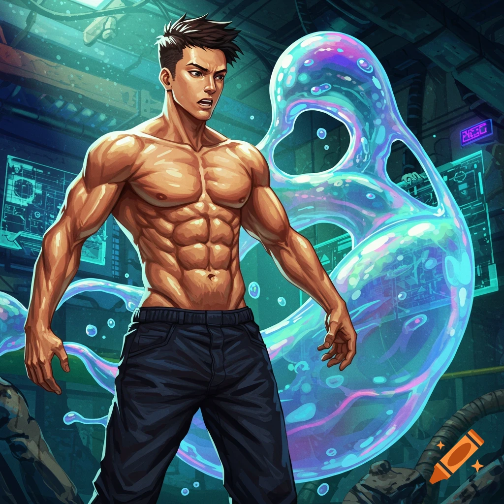An anime-style muscular man in black pants stands in a futuristic lab with a large, glowing blue and pink slime creature behind him.