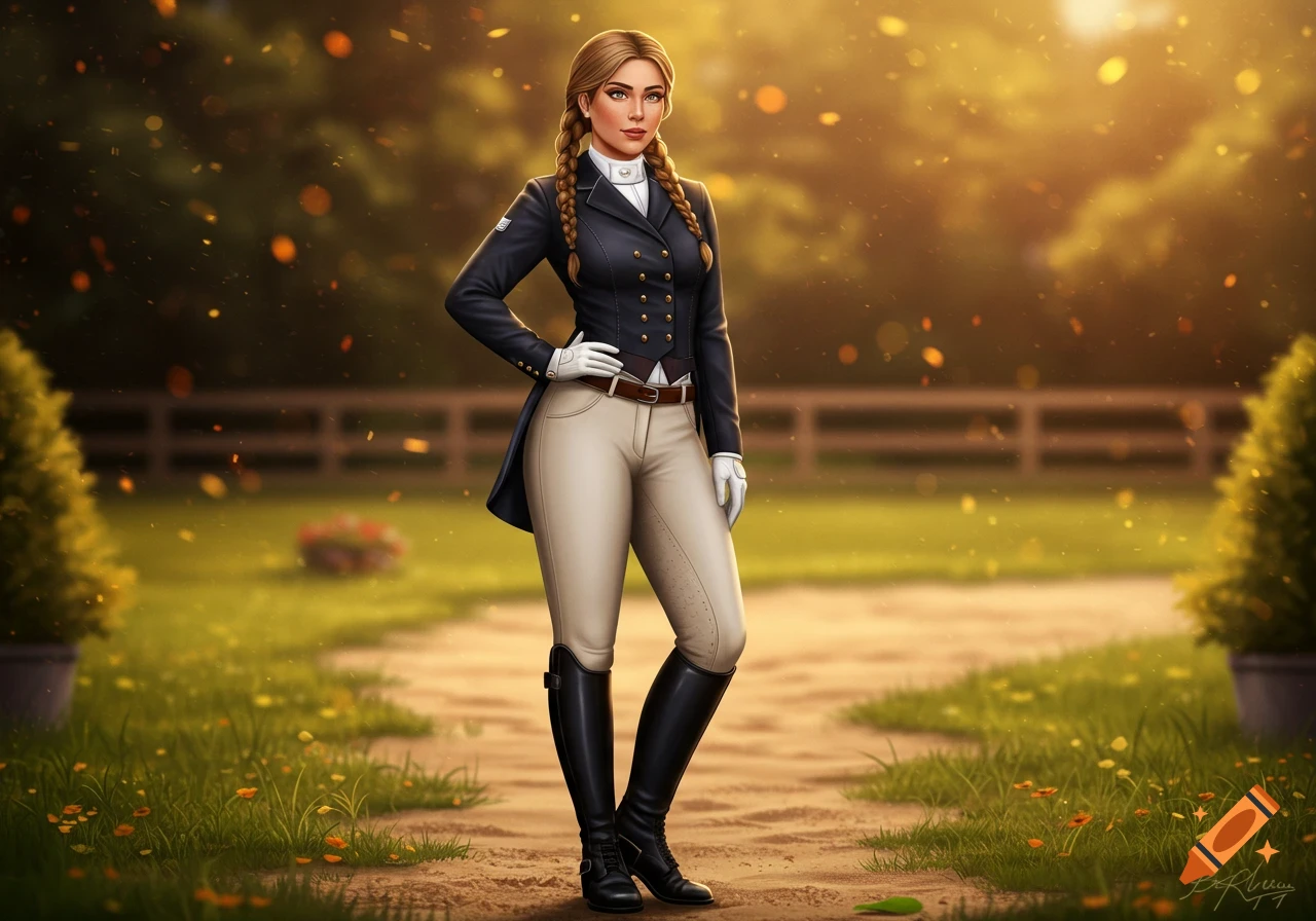 A woman in a dark blue dressage jacket, beige breeches, and black boots stands on a dirt path with her hands on her hips, against a sunny outdoor backdrop.