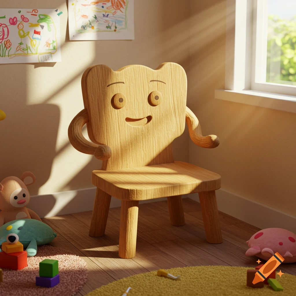 A cute wooden chair with a smiling face and arms sits in a sunlit child's room with drawings on the wall and toys on the floor.