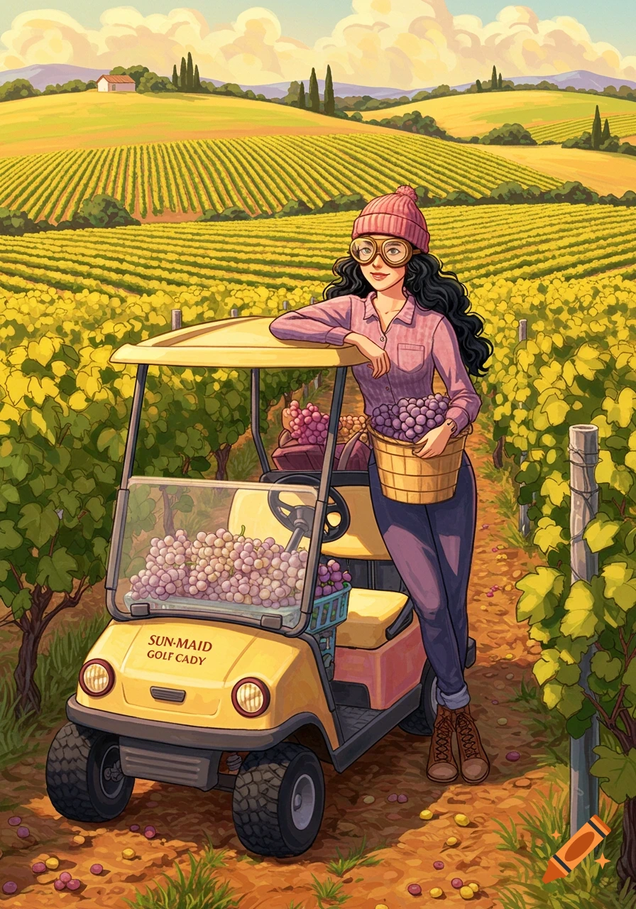 A woman with black hair, a pink knit cap, and goggles stands next to a yellow golf cart filled with grapes in a sunny vineyard, cartoon style.