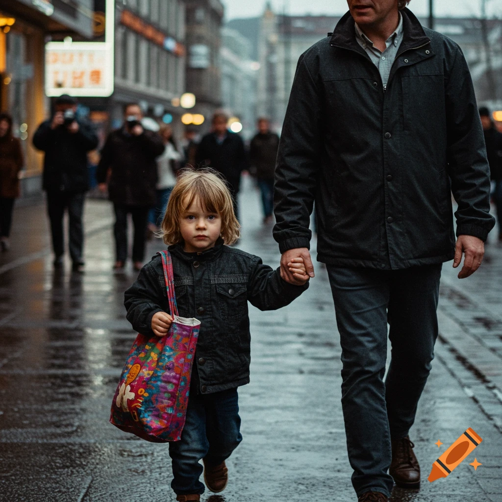 A young child holding an adult's hand walks on a wet city street, looking at the camera, in a photorealistic style.