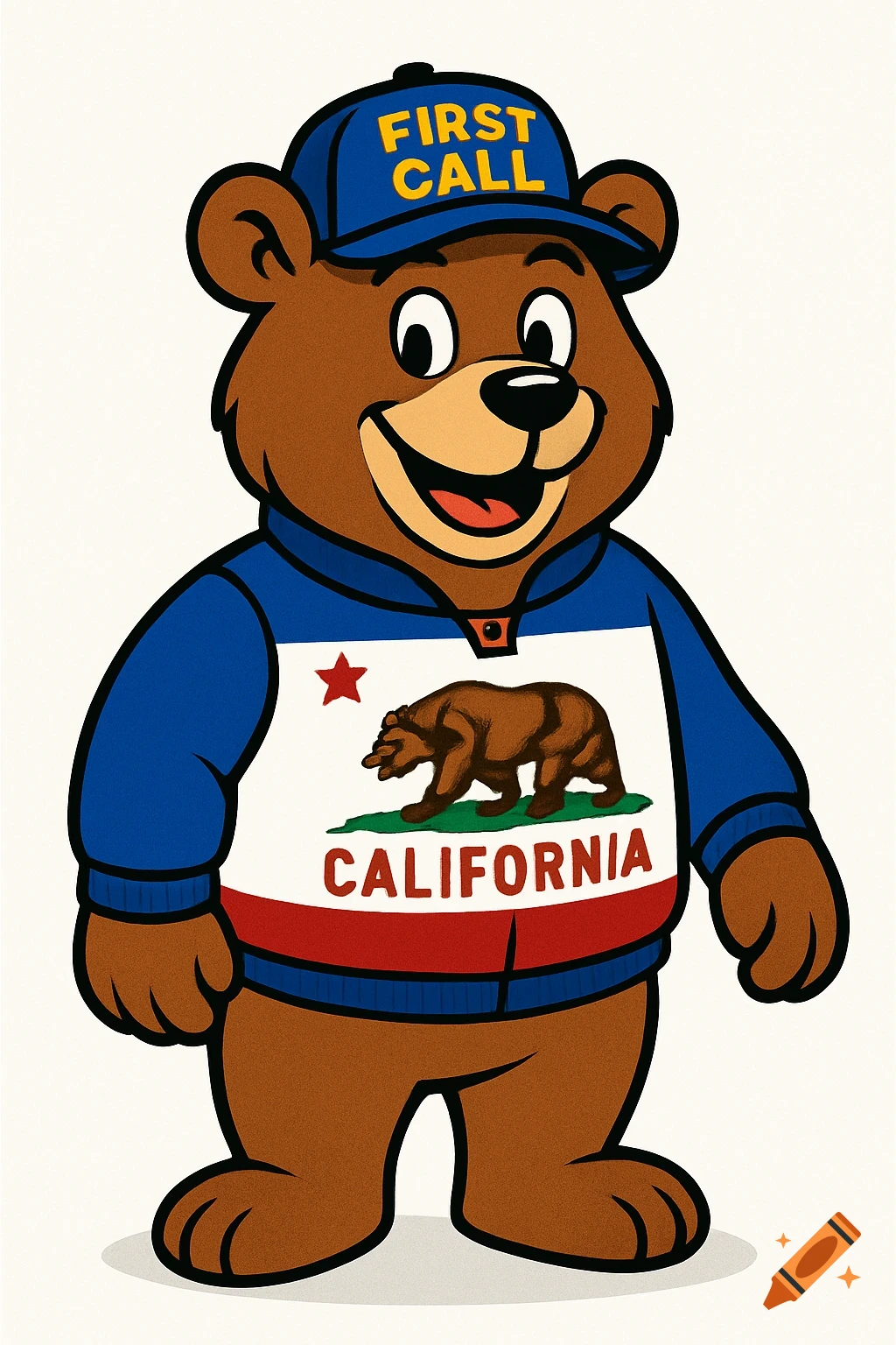 Cartoon bear mascot with a 'First Call' cap and California flag shirt, standing on a white background.
