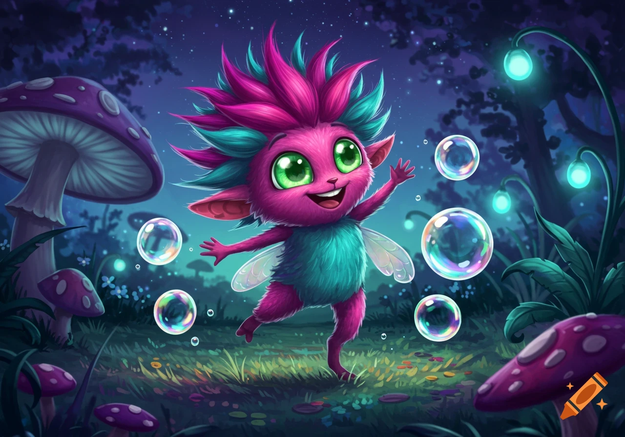 A whimsical pink and blue fuzzy creature with large green eyes stands in a magical forest with glowing mushrooms and floating bubbles.
