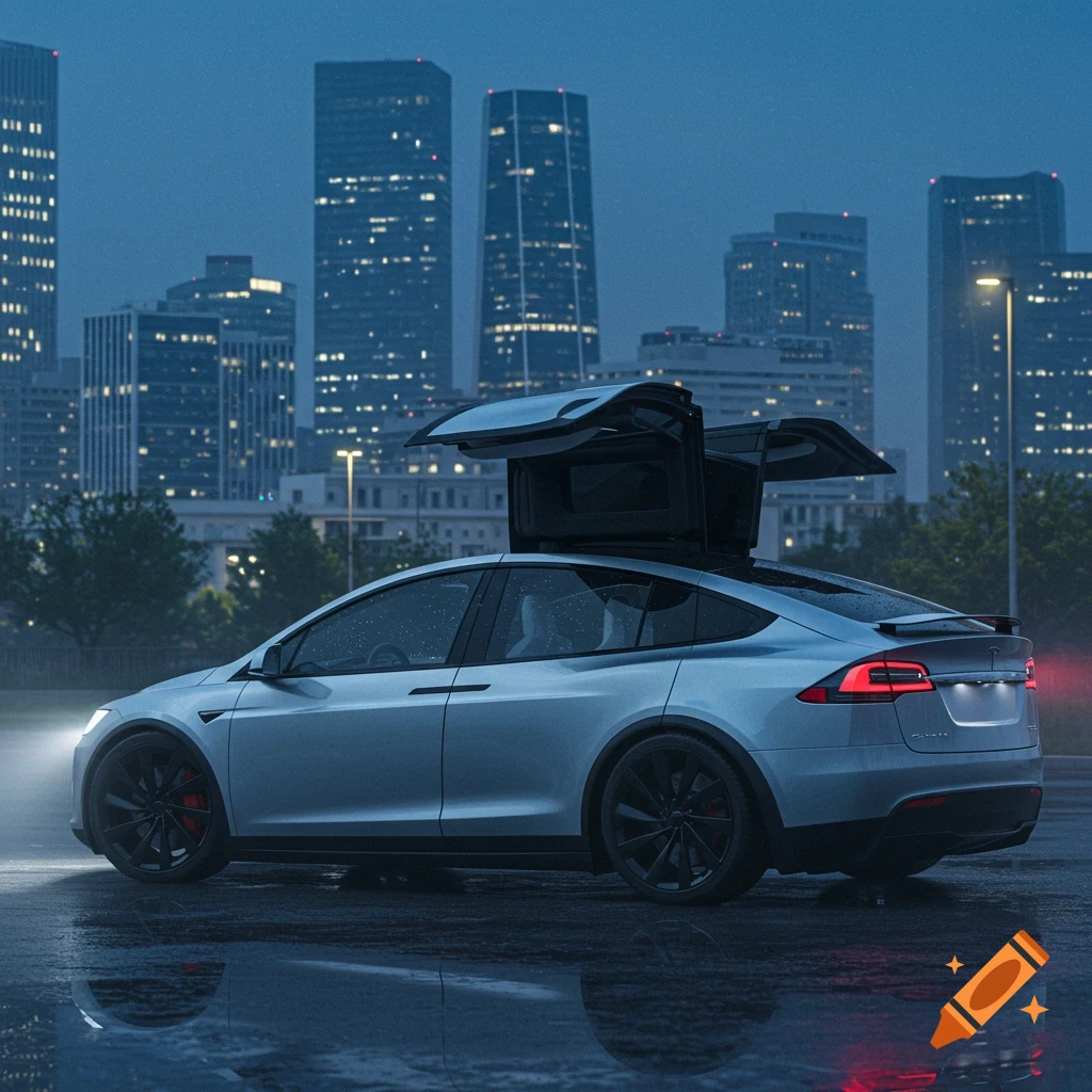 Silver Tesla Model X with falcon-wing doors open on a wet surface in front of a city skyline at dusk.