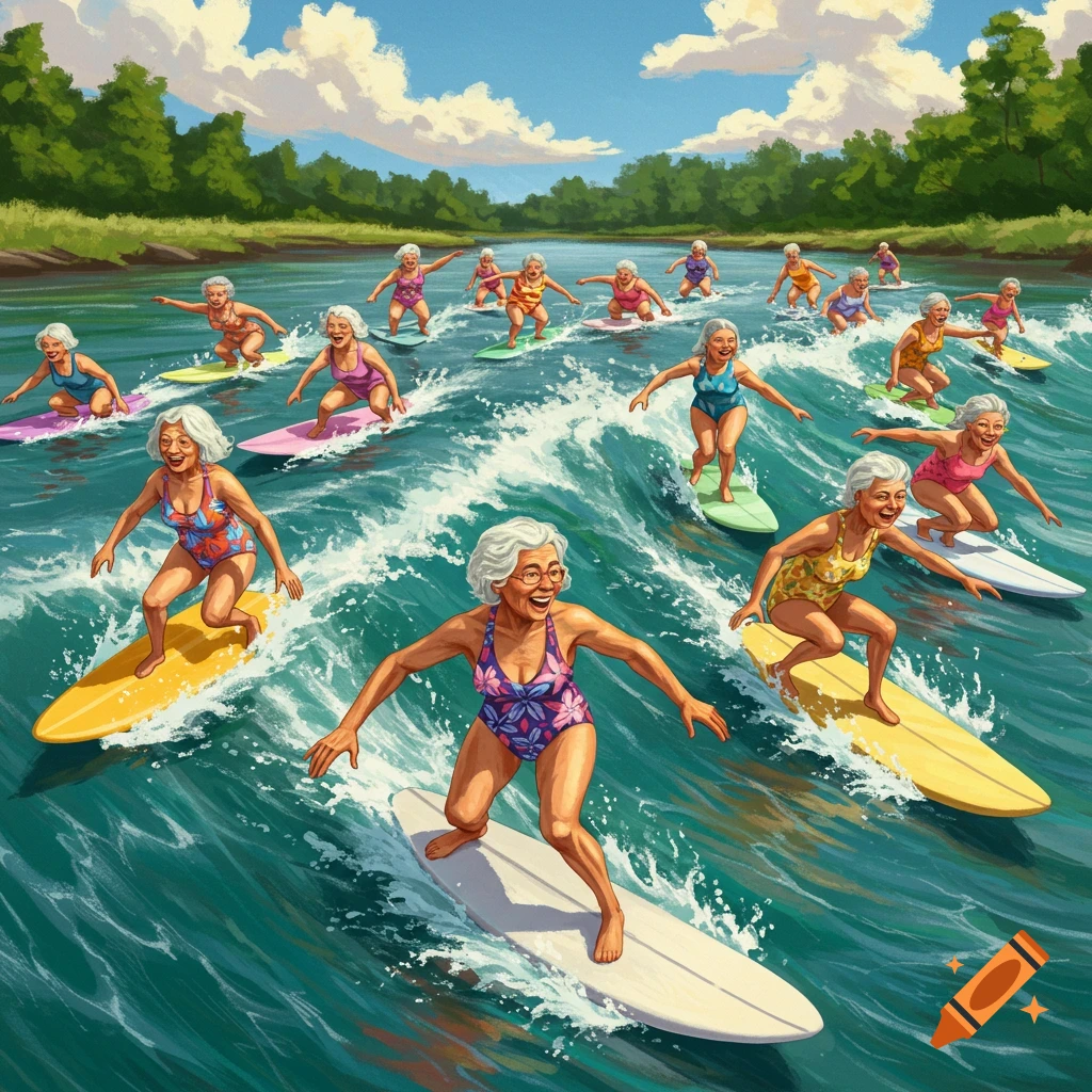 Elderly women with white hair in colorful swimsuits happily surf on large waves in a river, depicted in a vibrant, illustrative style.
