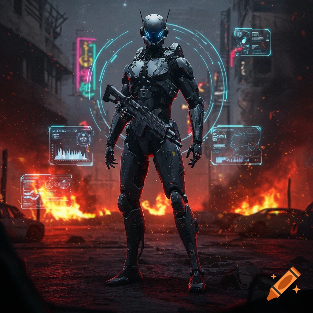 A dark grey cyborg warrior stands in a burning, ruined city, surrounded by glowing holographic displays and neon signs.