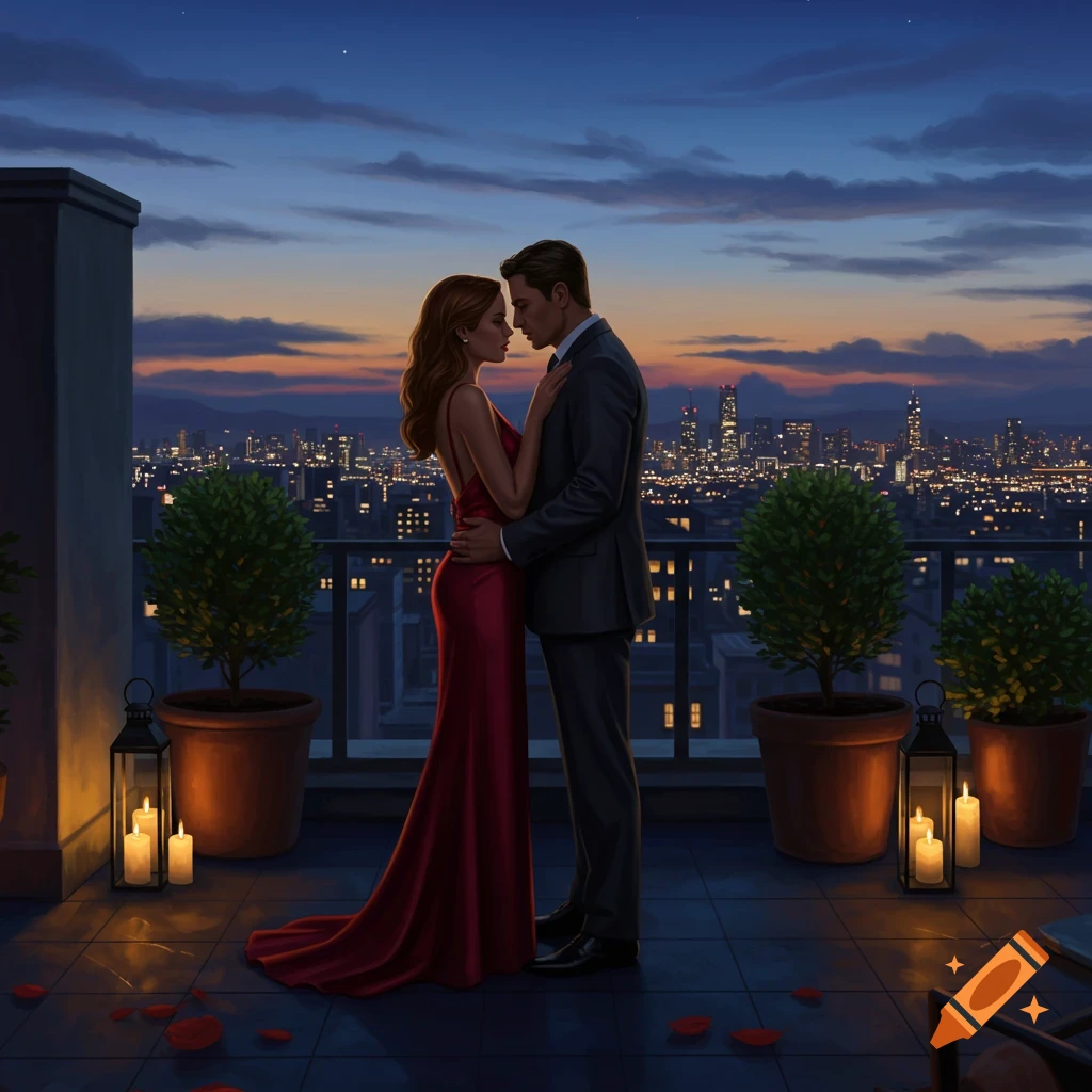 A couple embraces on a rooftop balcony overlooking a city skyline at dusk, with candles and rose petals.