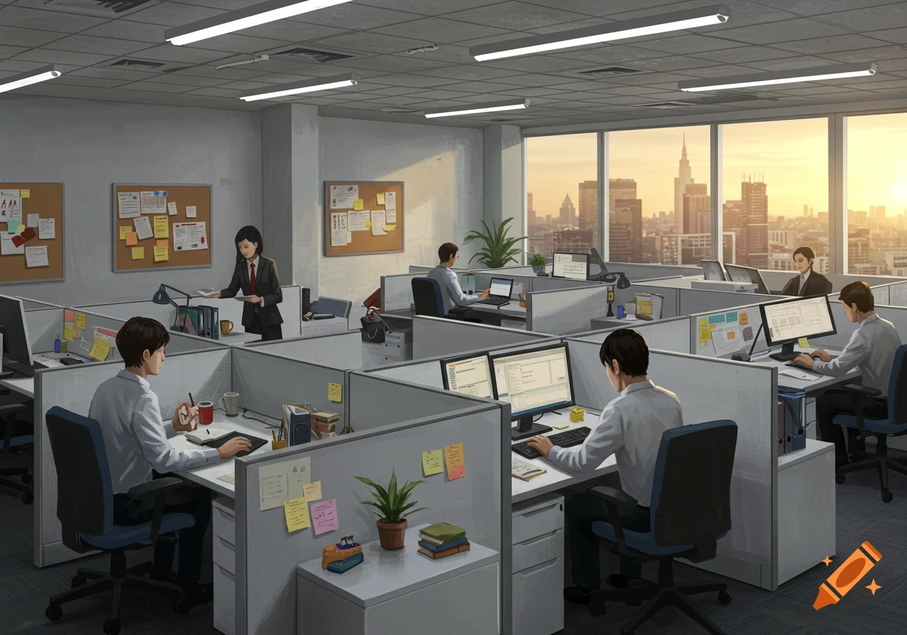 An illustration of an office with people working in cubicles, bathed in the warm light of a sunset city skyline seen through large windows.