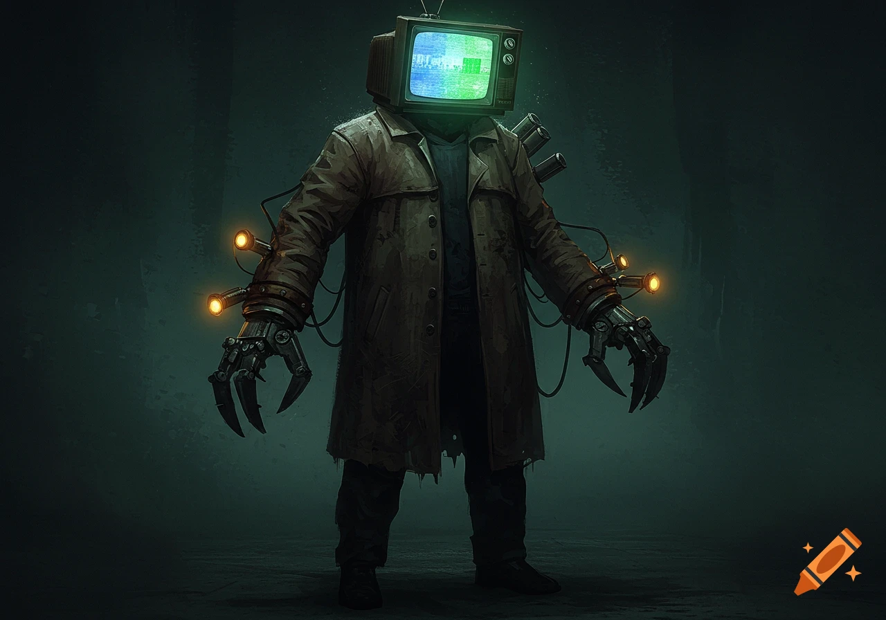 A dark, menacing figure with a vintage TV head, tattered trench coat, and glowing mechanical claw hands stands in a dim, grungy room.