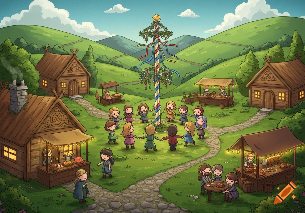Chibi style illustration of a lively medieval Celtic village celebrating Beltane, with people dancing around a decorated maypole and feasting at food stalls.