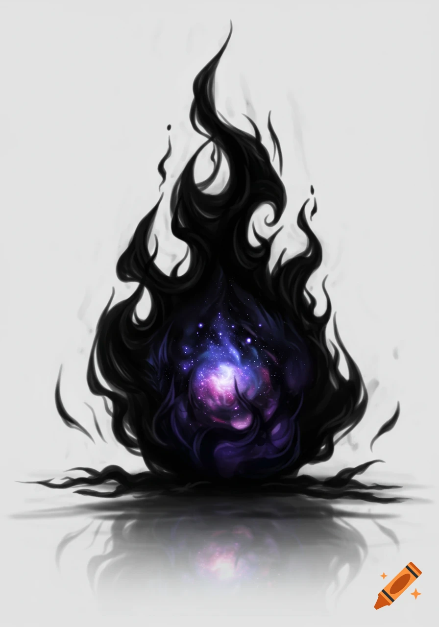 Stylized black fire with a vibrant purple and blue galaxy core, reflecting on a light surface.