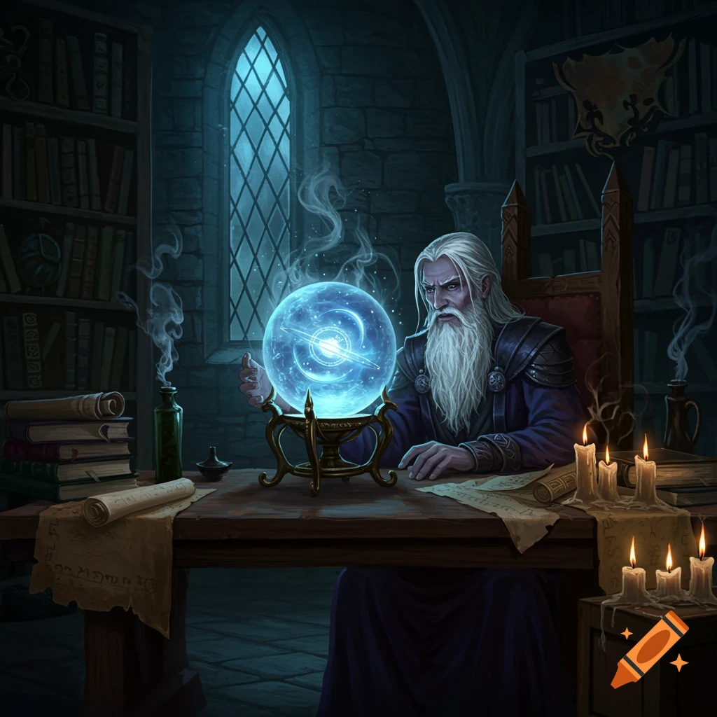 A long-bearded wizard in a dark, stone chamber gazes intently at a glowing blue magic orb on his desk, surrounded by books and candles.