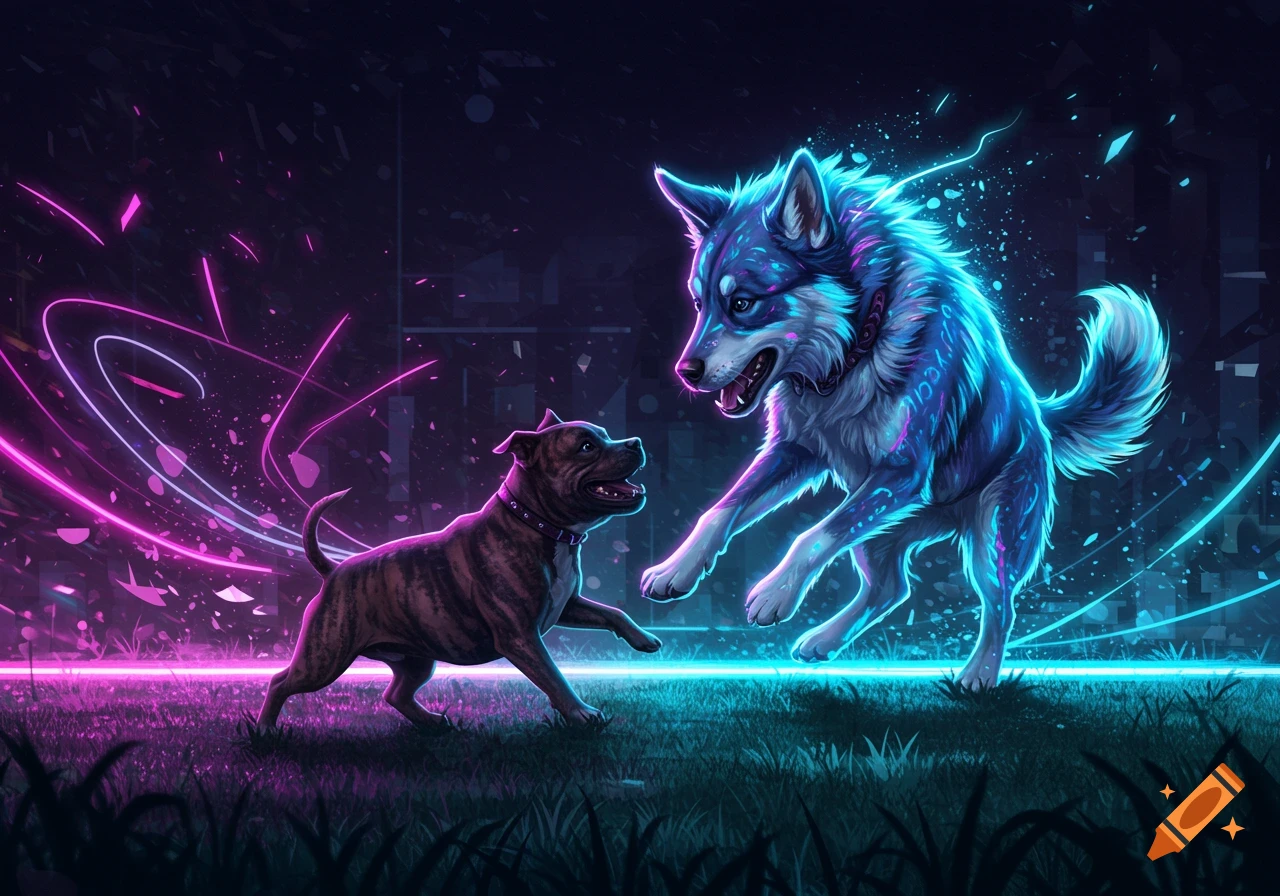 A stylized blue wolf-like creature and a brindle Staffordshire Bull Terrier playing in a neon-lit, dark environment with glowing pink and blue lights.