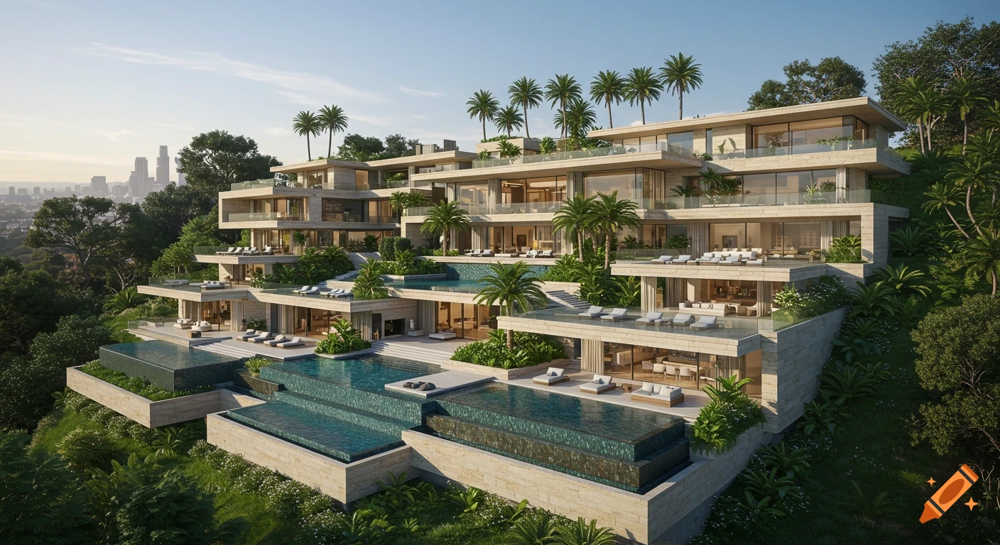 A sprawling modern multi-level mansion with cascading infinity pools and lush gardens on a hillside overlooking a city skyline.
